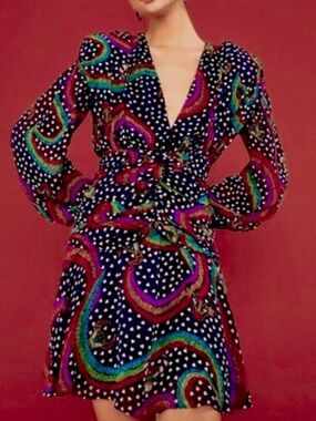 FARM Rio Rainbow Oxen Long Sleeve Mini Dress, NEW